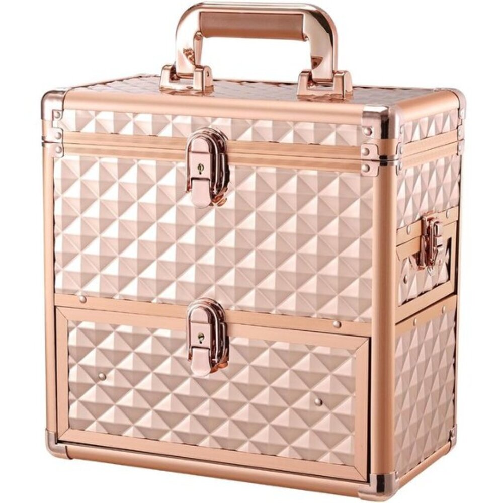 New XL Rose Gold Makeup Train Case with Mirror, Drawer & Dividers for Travel